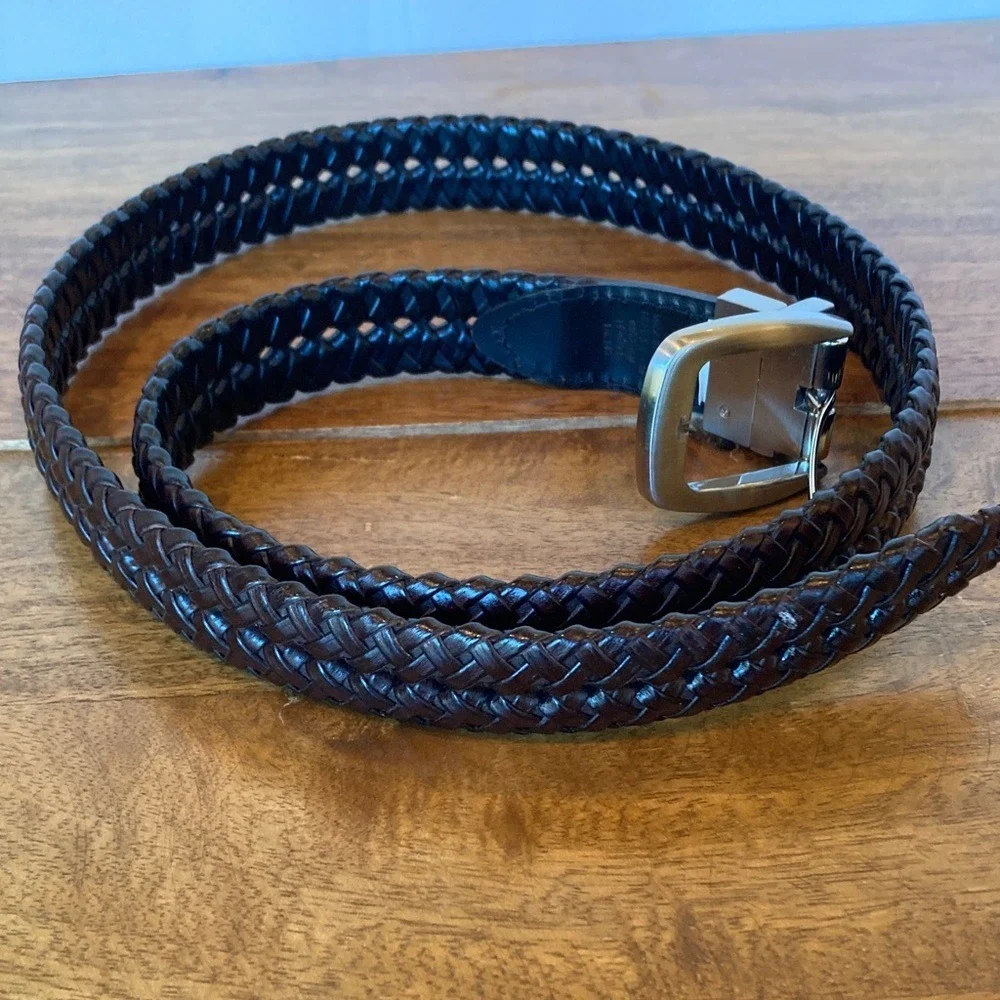 Men's Brown Braided Leather Trim Belt Size 36 Classic Basic Silver‎ Buckle